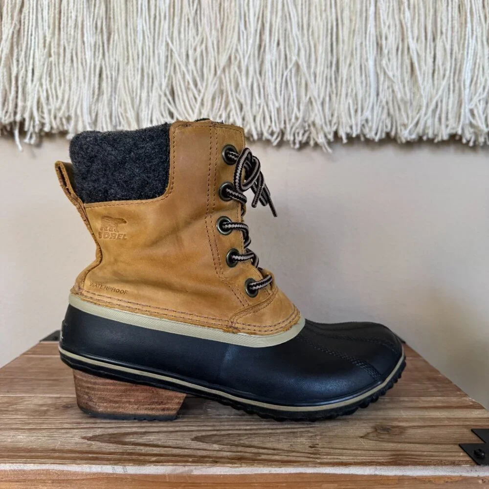 SOREL Slimpack II Waterproof Tan Leather Upper Black Rubber Duck Boot‎ Size 7
